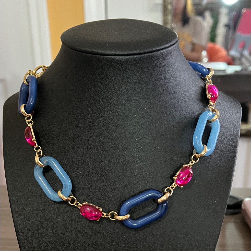 Charming Charlie Blue And Pink Necklace With Gold Links